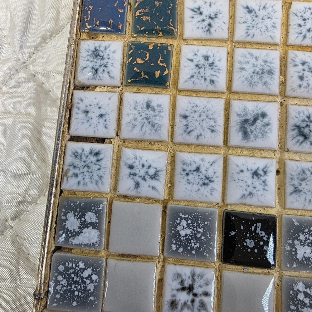 Vintage Blue Mosaic‎ Tile Trivet Hot Plate Mid Century Modern Metal Holder